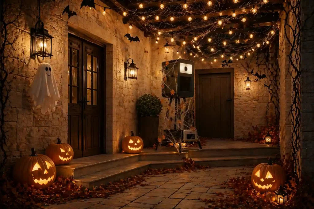 photobooth mariage avec décor halloween et guirlandes lumineuses