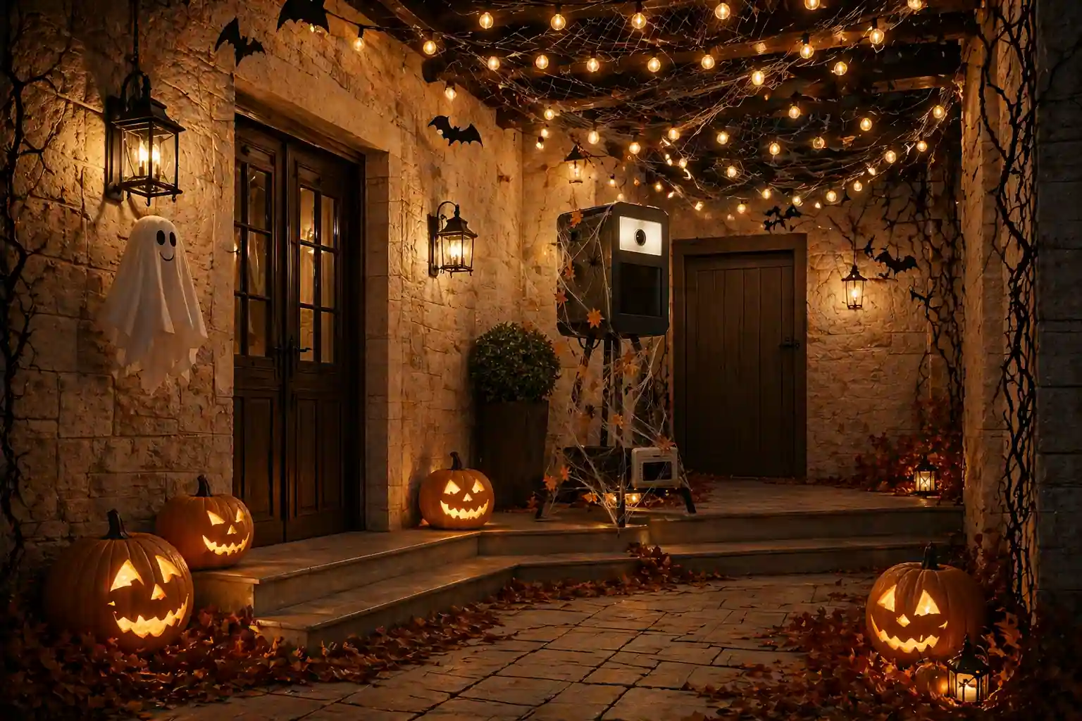photobooth mariage avec décor halloween et guirlandes lumineuses