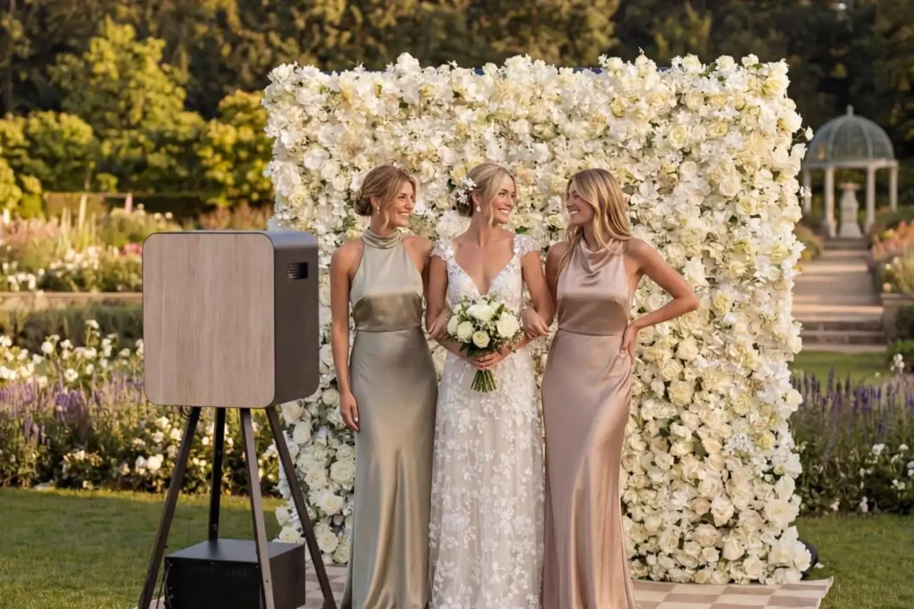 Une mariée et deux amies en robe de soirée devant un mur de fleur et un photobooth