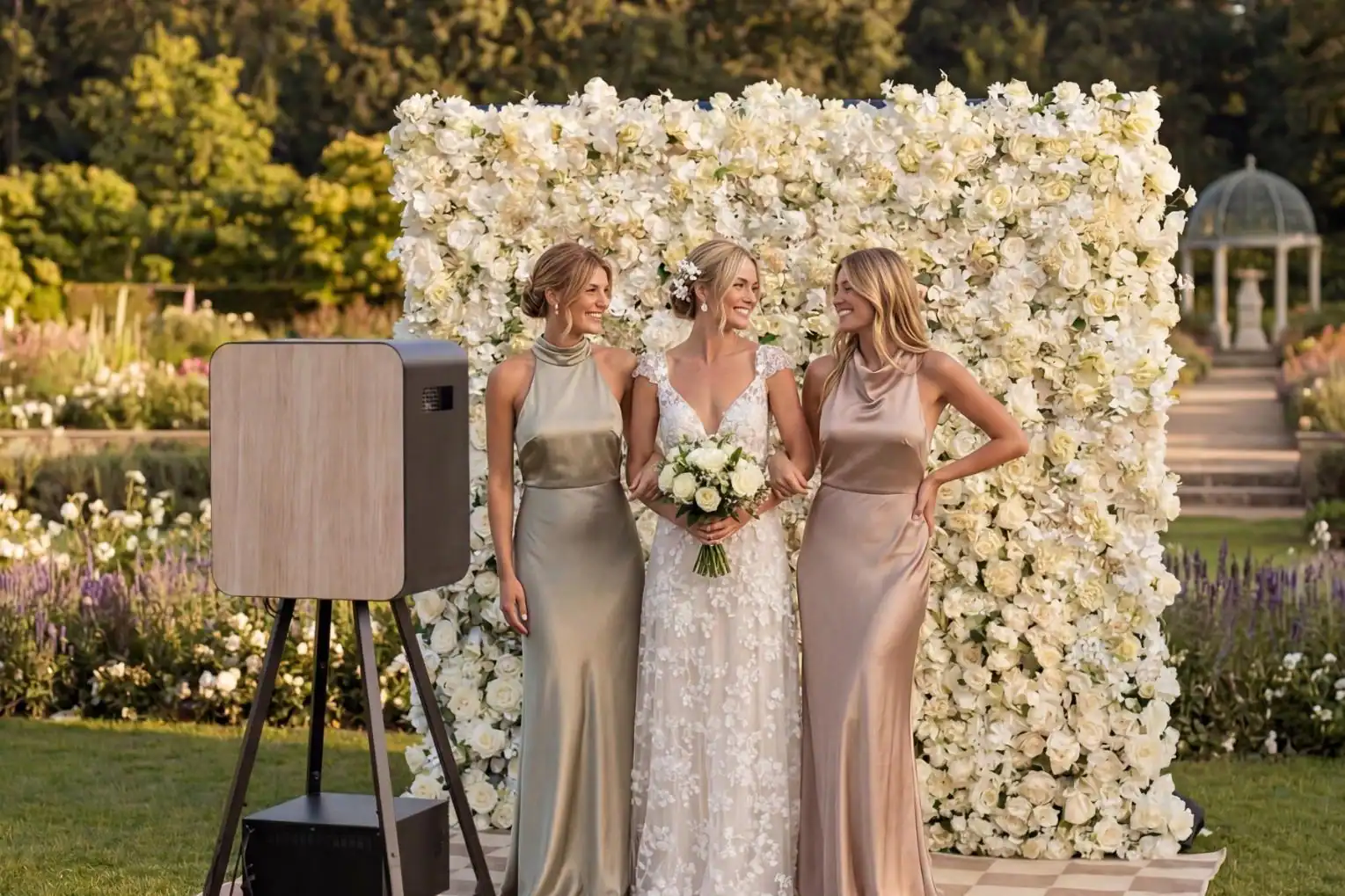 Une mariée et deux amies en robe de soirée devant un mur de fleur et un photobooth